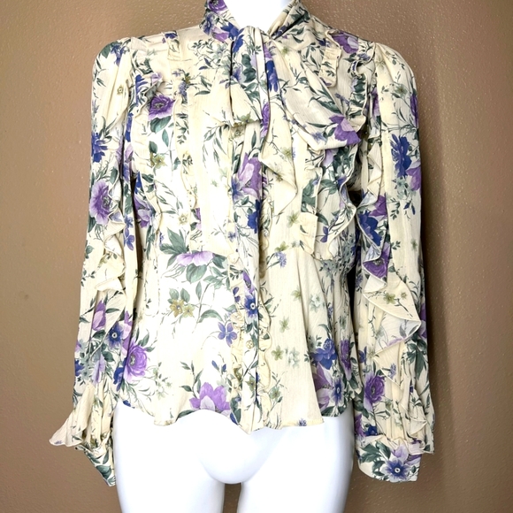 Zara Tops Zara Floral Tie Neck 8273328 Chiffon Ruffle Blouse Cream